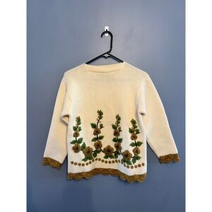 Vintage Woman's Tai Kwong 100% Wool Hand‎ Knitted Cream Floral Cardigan SZ 36/M